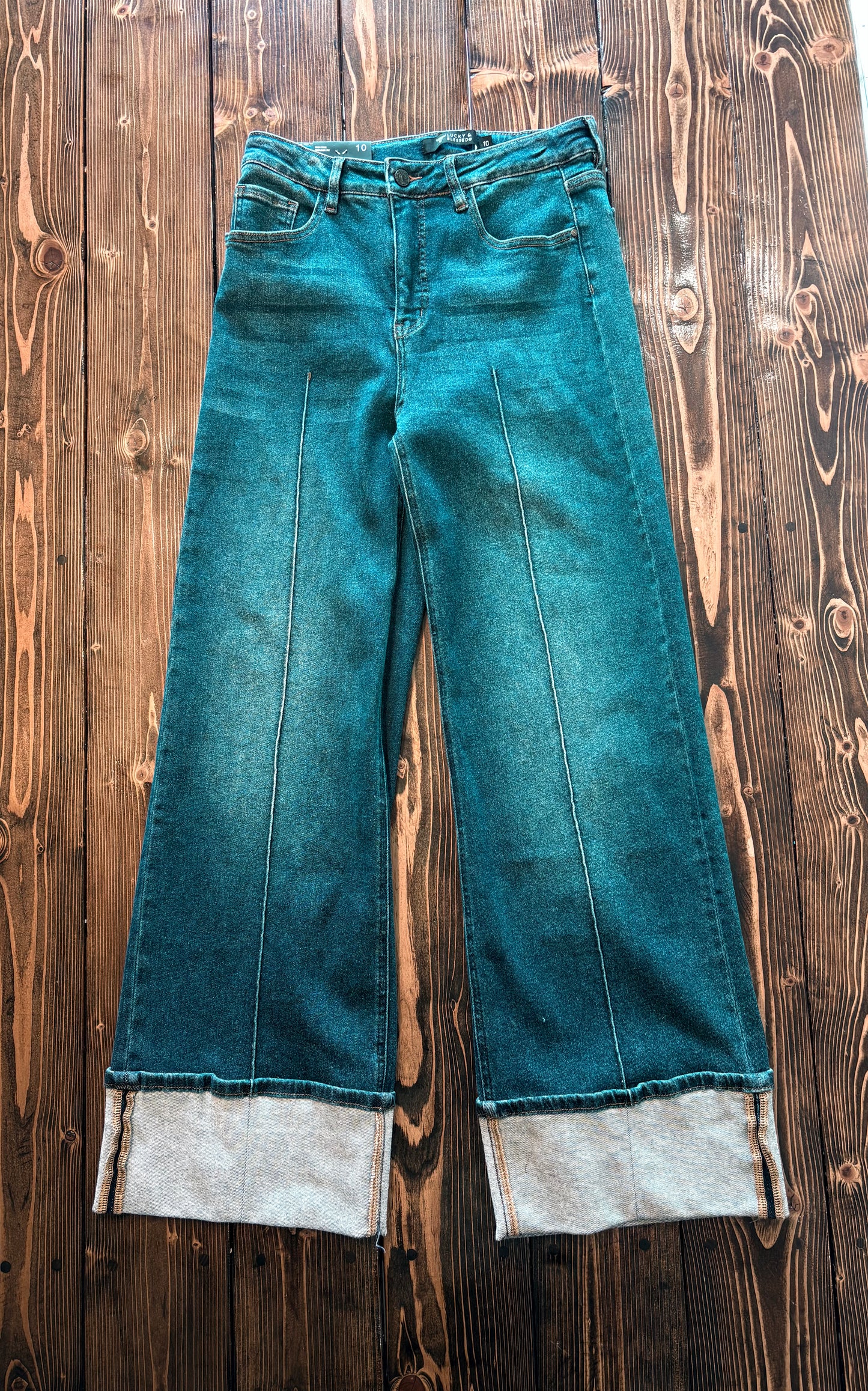 High Rise Contrast Cuff Straight Leg Jeans