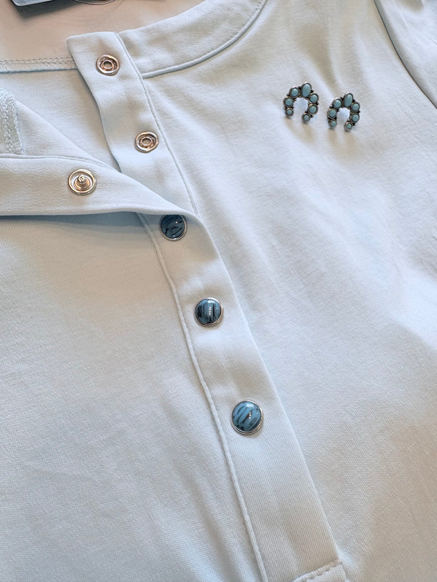 Light Blue Turquoise Snap Button Down T-Shirt