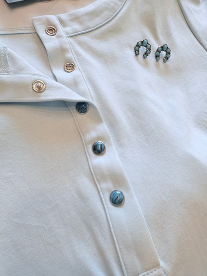 Light Blue Turquoise Snap Button Down T-Shirt