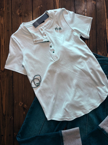 Light Blue Turquoise Snap Button Down T-Shirt