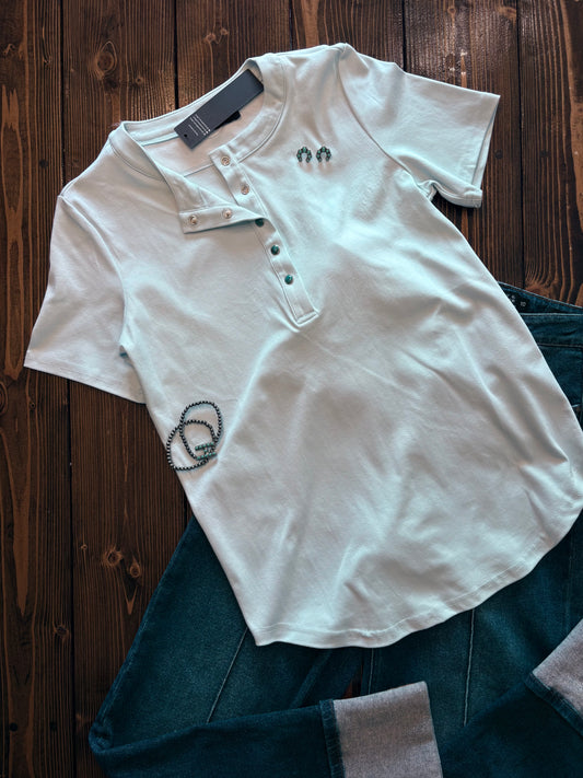 Light Blue Turquoise Snap Button Down T-Shirt
