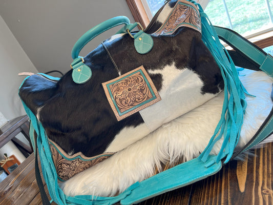 Tooled Leather & Cowhide Duffel Bag w/Fringe