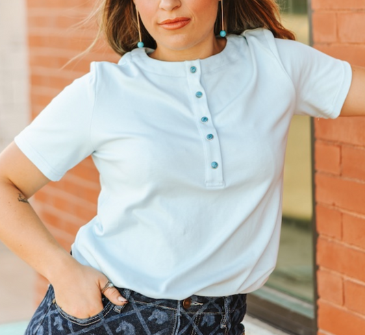 Light Blue Turquoise Snap Button Down T-Shirt