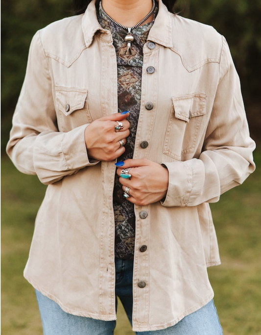 Beige Washed Concho Button Down