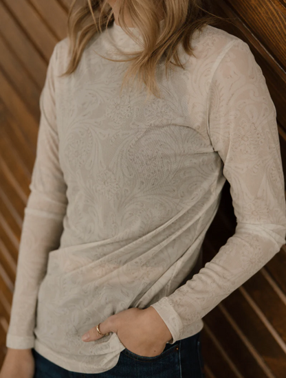 Tooled in Ivory Mesh Top
