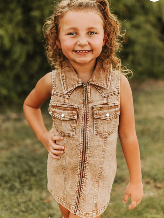 Girls Camel Stretch Denim Sleeveless Dress