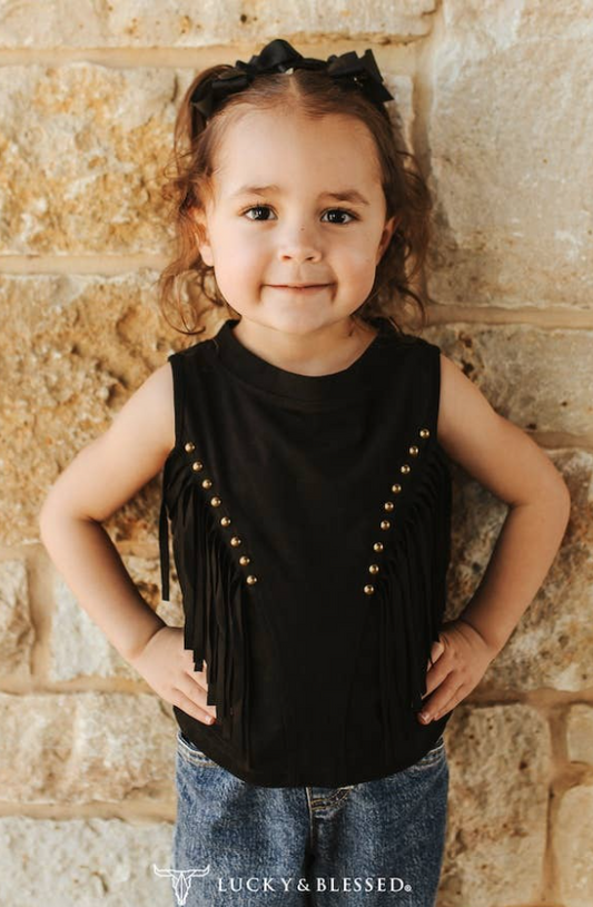 Girls Black Suede Fringe Top