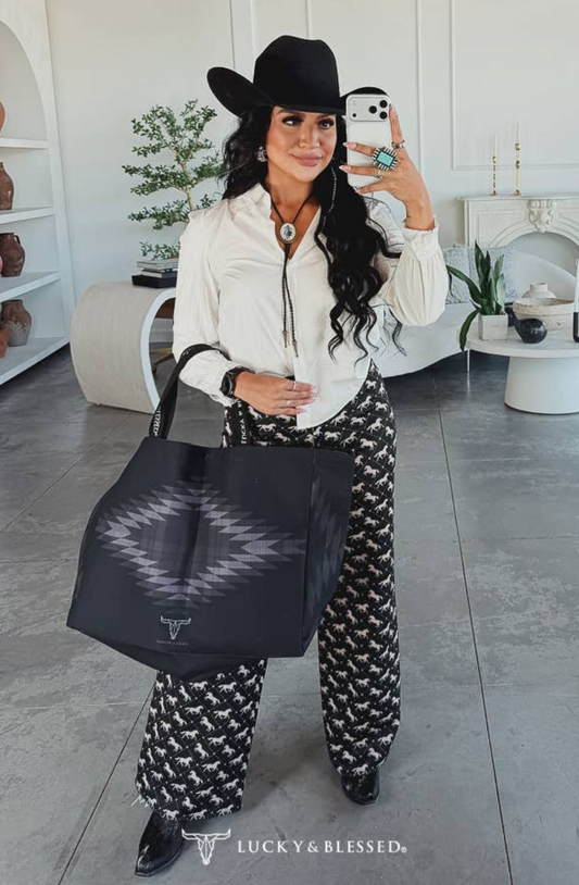 Black Aztec Print CanvasTote Bag